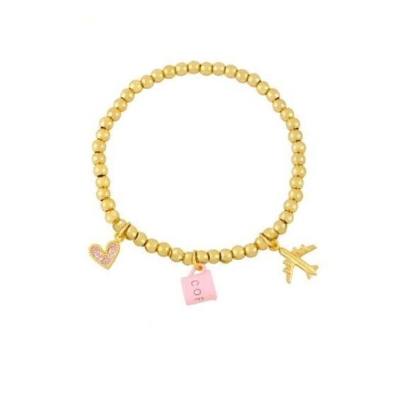 Gold Beaded Elastic Coffee Cup Airplane Charm Bracelet - Picture 1 of 3